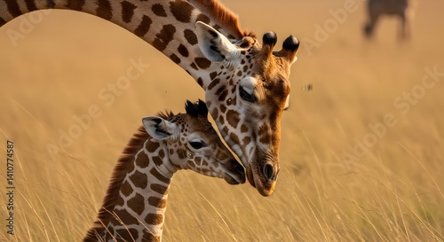 A tender giraffe mother and calf sharing a loving moment in the sunlit African savanna.