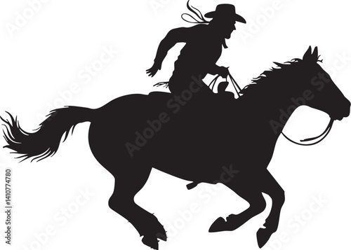 A vector silhouette of a wild west cowboy riding a running horse with rope