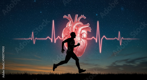 A silhouetted runner is depicted against a health-themed background with heartbeat shapes and a heart illustration, symbolizing cardiovascular fitness, heart health
