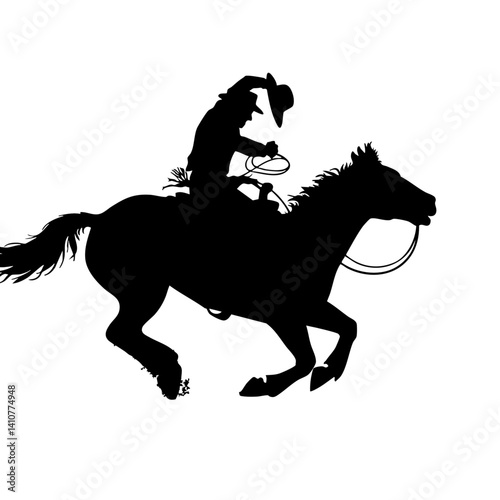 A vector silhouette of a wild west cowboy riding a running horse with rope