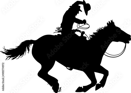 A vector silhouette of a wild west cowboy riding a running horse with rope