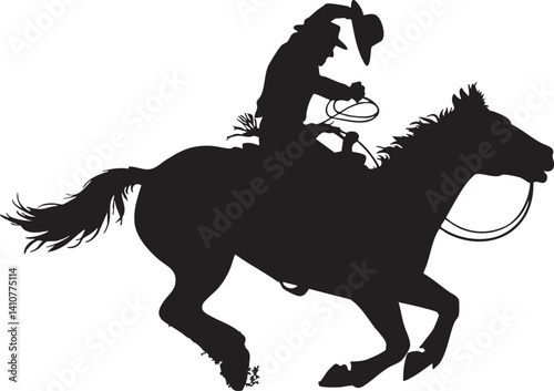 A vector silhouette of a wild west cowboy riding a running horse with rope