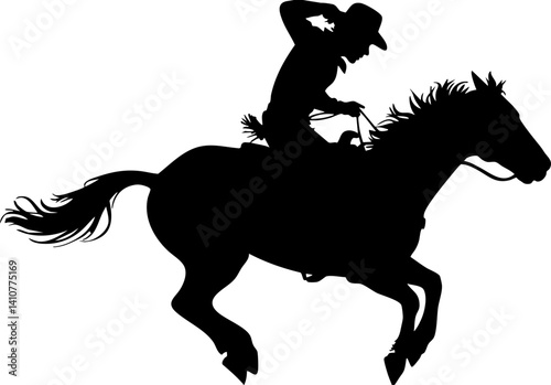 A vector silhouette of a wild west cowboy riding a running horse with rope