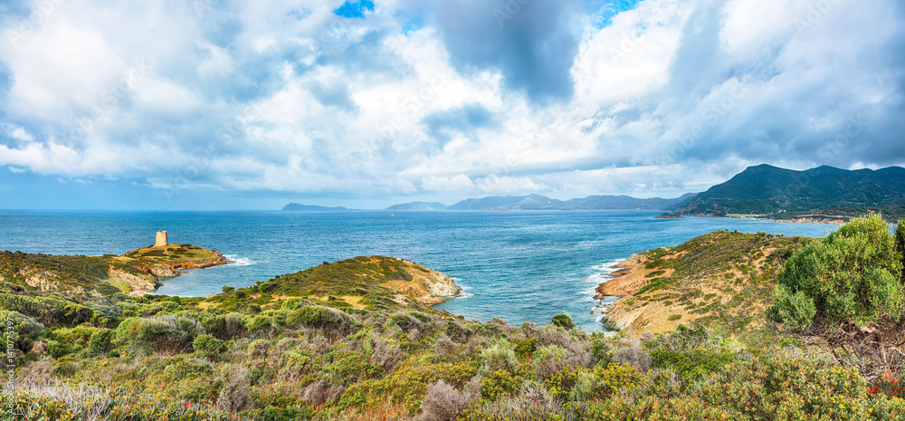Attractive morning view of Piscinni bay with turquoise sea and famous coastal tower of Piscinni.