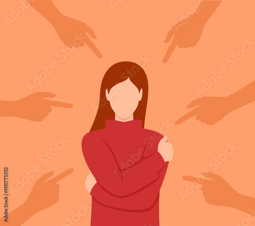 White woman hugging herself surrounded by hands with index fingers pointing at her. Flat vector illustration