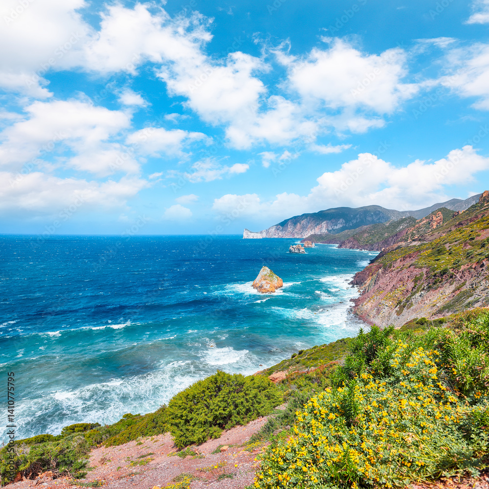 Astonishing spring view of Nebida and Masua coast and Pan Di Zucchero on background.
