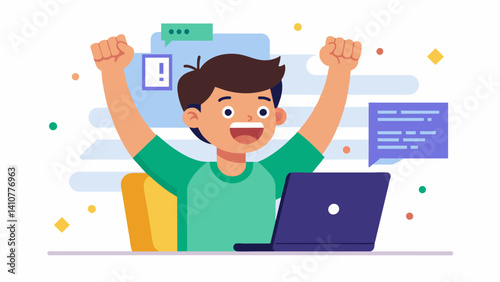 A teen excitedly celebrates after successfully debugging their code for their homework assignment.. Vector illustration