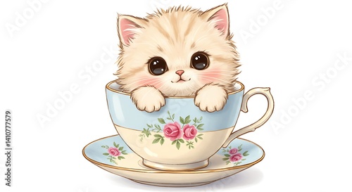 Cartoon kitten in a teacup with blushing cheeks, white background