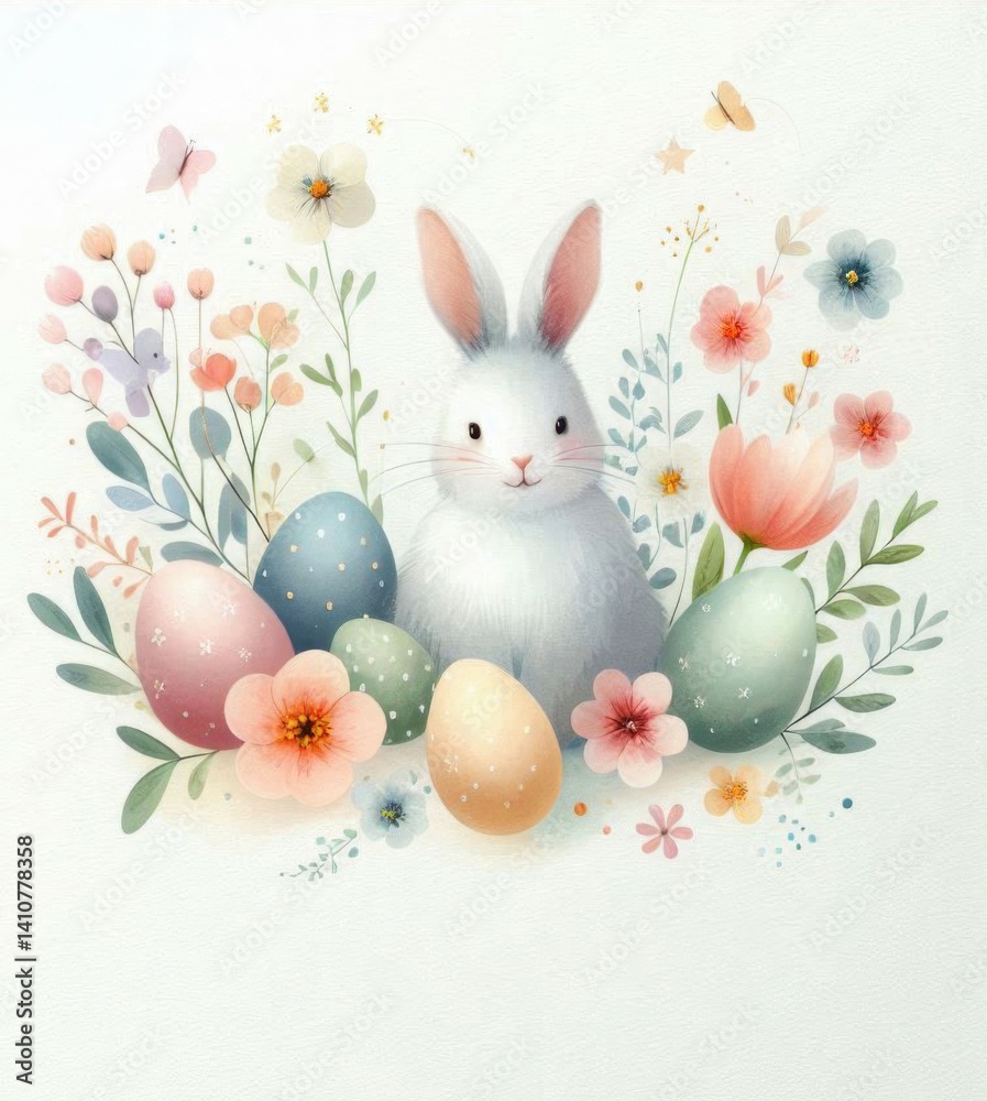 Obraz premium Watercolor Easter illustration with white bunny, colorful eggs, pink flowers, green leaves, butterflies. 