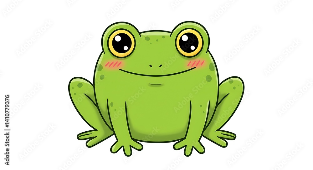 Cartoon frog with oversized eyes and blushing cheeks, white background Cartoon frog with oversized eyes and blushing cheeks, white background
