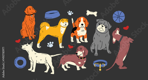 Cute dogs in groovy 90s style. Doodle cartoon puppies in retro aesthetic. Funny dog characters for stickers, vet and zoo design. Retro cartoon dogs in Y2K style. Kawaii puppies in doodle style for kid