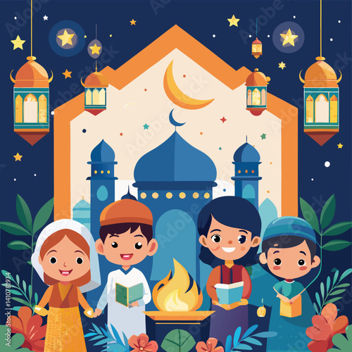 Festive Muslim Children Praying in Mosque