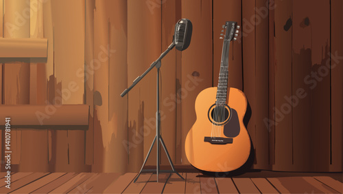 Acoustic Guitarist with Microphone on Stage
