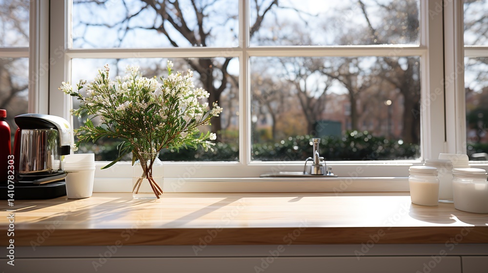 Fototapeta premium Kitchen counter with flowers and window