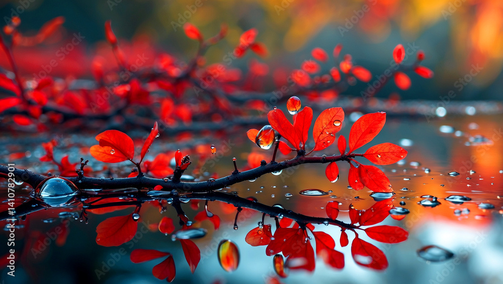 Tranquil autumn reflections on red twig with water drops Tranquil autumn reflections on red twig with water drops