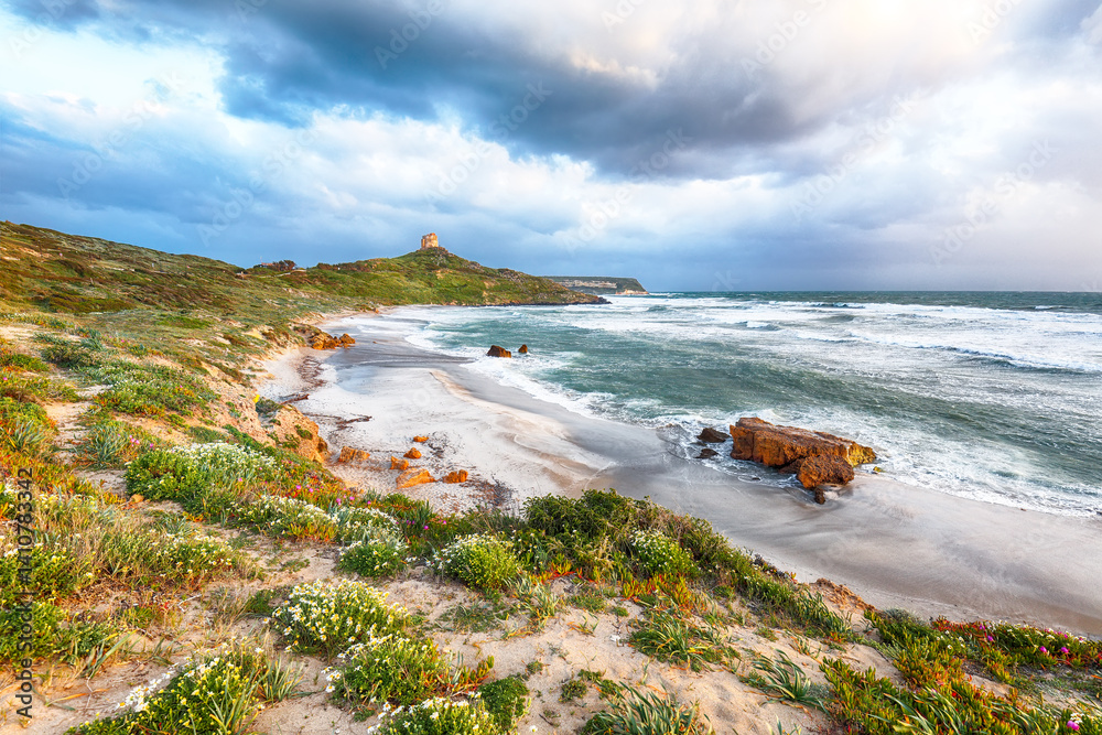 Attractive view of Capo San Marco Lighthouse on Del Sinis peninsula.