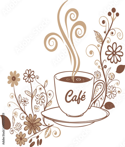 cartoon vector illustration of colorful flowers in an iron coffee mug, t-shirt design