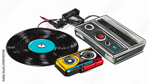 Vinyl Records and Cassette Tapes with Retro Music Player