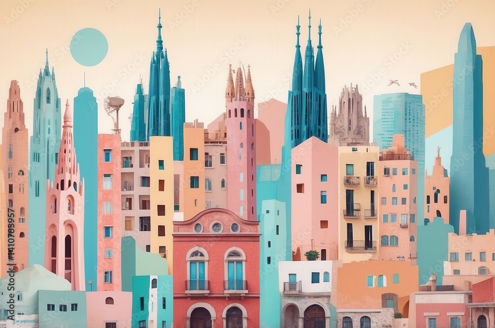 Obraz premium Colorful urban skyline featuring modern and historic architecture in a vibrant city during sunset
