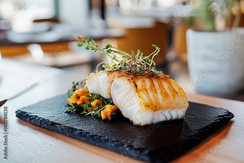 Grilled fish fillet rests on a slate plate, garnished with fresh herbs and accompanied by colorful vegetables. The contemporary restaurant atmosphere enhances the dining experience