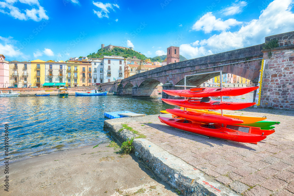 Unbelivable cityscape of Bosa town with Ponte Vecchio bridge across the Temo river.