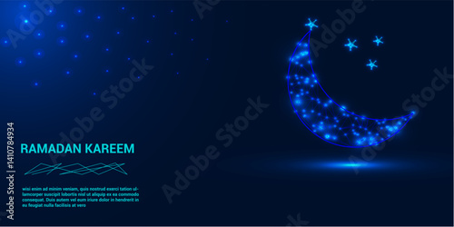 Abstract Islamic symbol crescent and star. Ramadan Kareem background. Low poly style design. Wireframe light connection structure