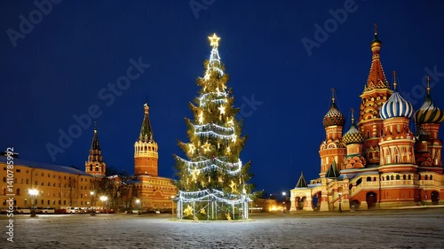 A snowy scene featuring a decorated Christmas tree near St. Basil's Cathedral in Moscow.