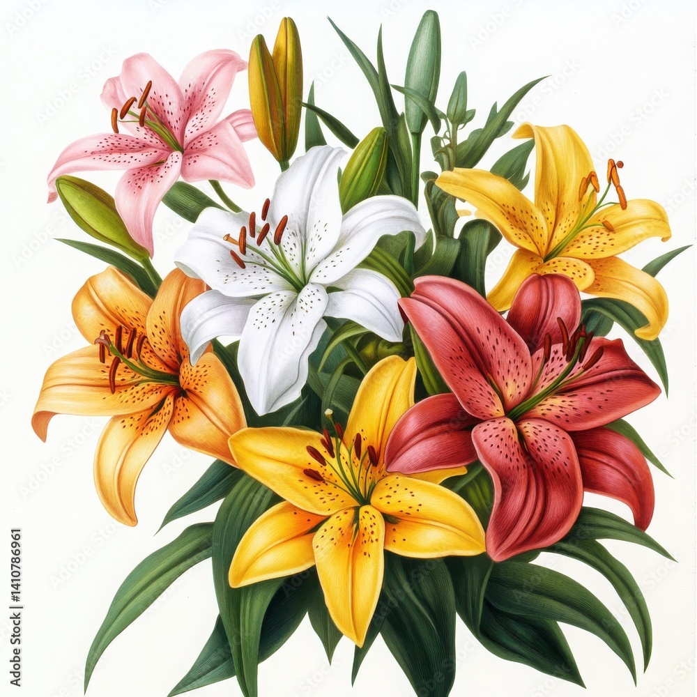 Fototapeta premium Lily flowers bouquet colorful bloom on white background