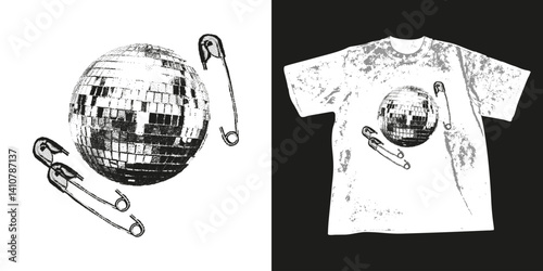 Trendy retro photocopy stipple t-shirt print design. Disco ball and safety pins with grunge punk dotted grain gritty texture. Halftone vector illustration for t shirt design, street wear, clothes