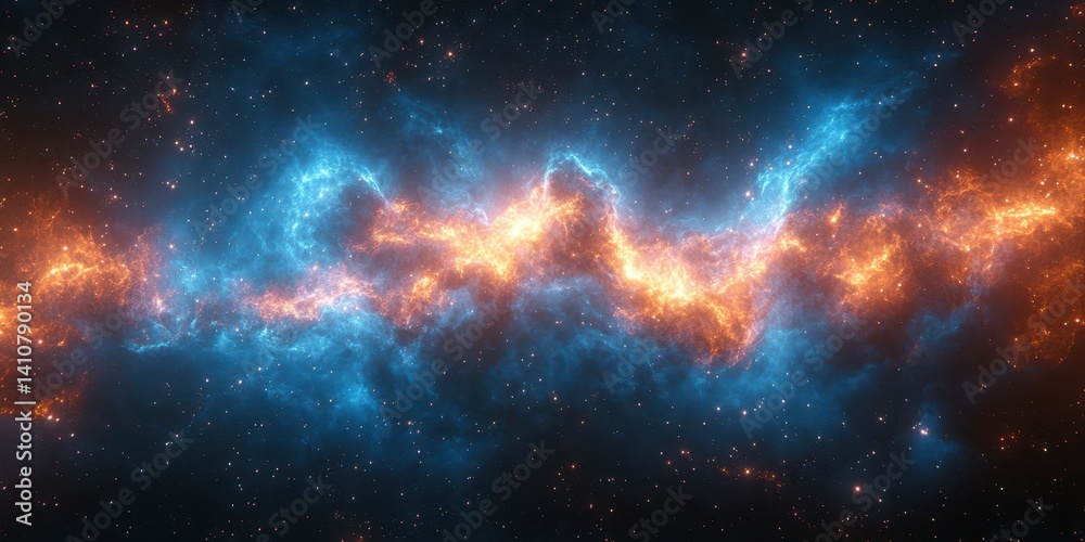 Naklejka premium Vibrant cosmic nebula illuminated by swirling blue and orange gases in deep space