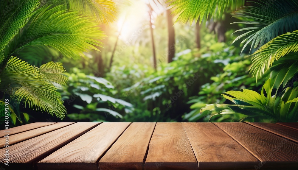 Jungle table background Rustic wooden table against the backdrop of tropical plants palms and jungle Jungle table background Rustic wooden table against the backdrop of tropical plants palms and jungle