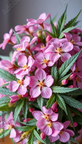 Delicate pink flowers and cannabis leaves artfully arranged in a charming bouquet, marijuana, nature, subtle