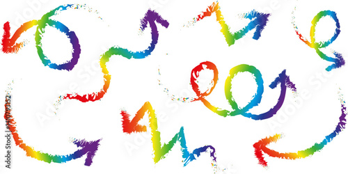 hand drawn rainbow arrows set isolated on white background, grunge colorful marker brush sketch elements, lgbt pride style curved and zigzag direction signs