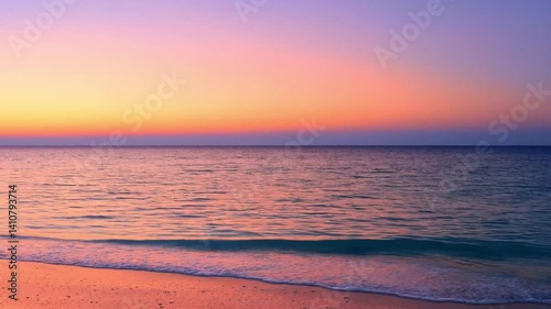 Dreamy sunset over a peaceful ocean with gentle waves and soft pastel sky hues
