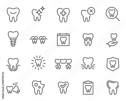 Editable vector icon set on the theme of dentistry in a linear style. It includes icons of teeth, implants, treatments, X-rays, and much more, ready to use.