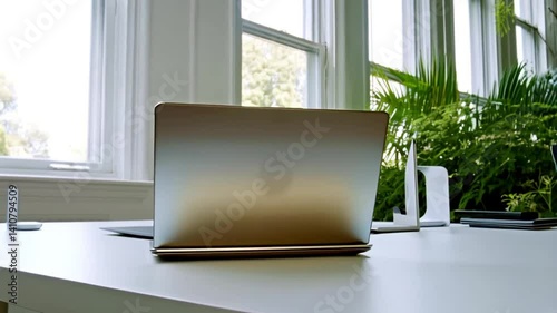Ultra-modern workspace setup with a sleek laptop, smart devices, and natural lighting