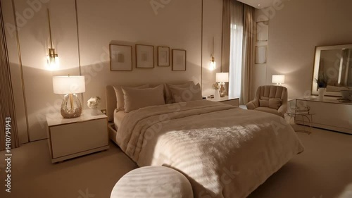 Luxury minimalist bedroom with soft lighting, cozy bedding, and elegant decor, peaceful atmosphere