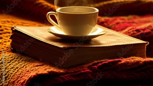 Aesthetic book flat lay with cozy autumn vibes, warm lighting, and a cup of tea on a knitted blanket
