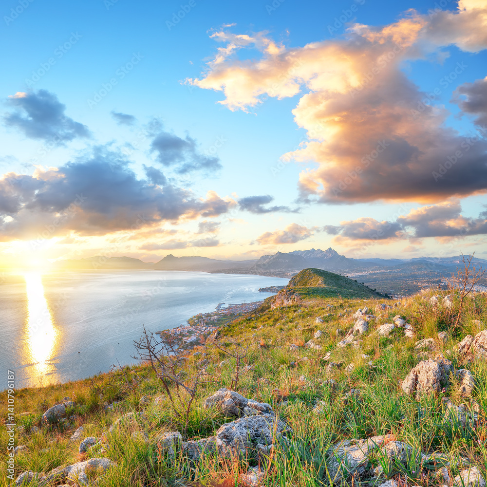 Fantastic view of Porticello and Santa Flavia towns and national park Orientata Pizzo Cane