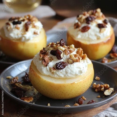 Baked apples: honey cream cheese, raisins, nuts.