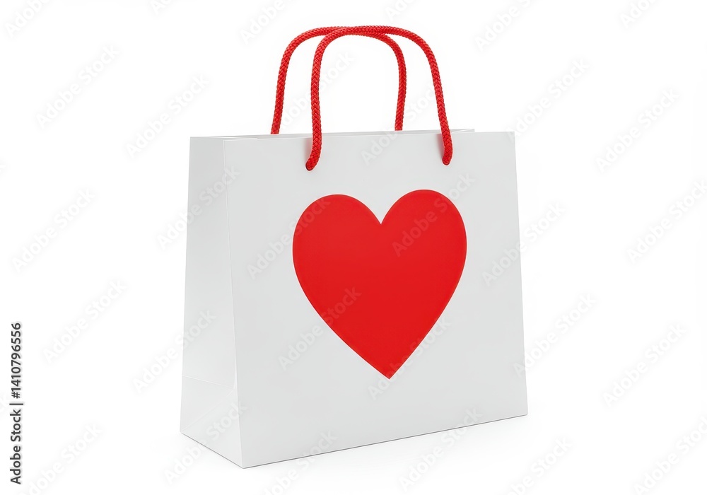 A white shopping bag with red handles and a red heart on the front against a white background A white shopping bag with red handles and a red heart on the front against a white background