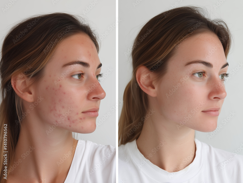Before and after acne treatment of a young woman on a neutral background. Before and after acne treatment of a young woman on a neutral background.