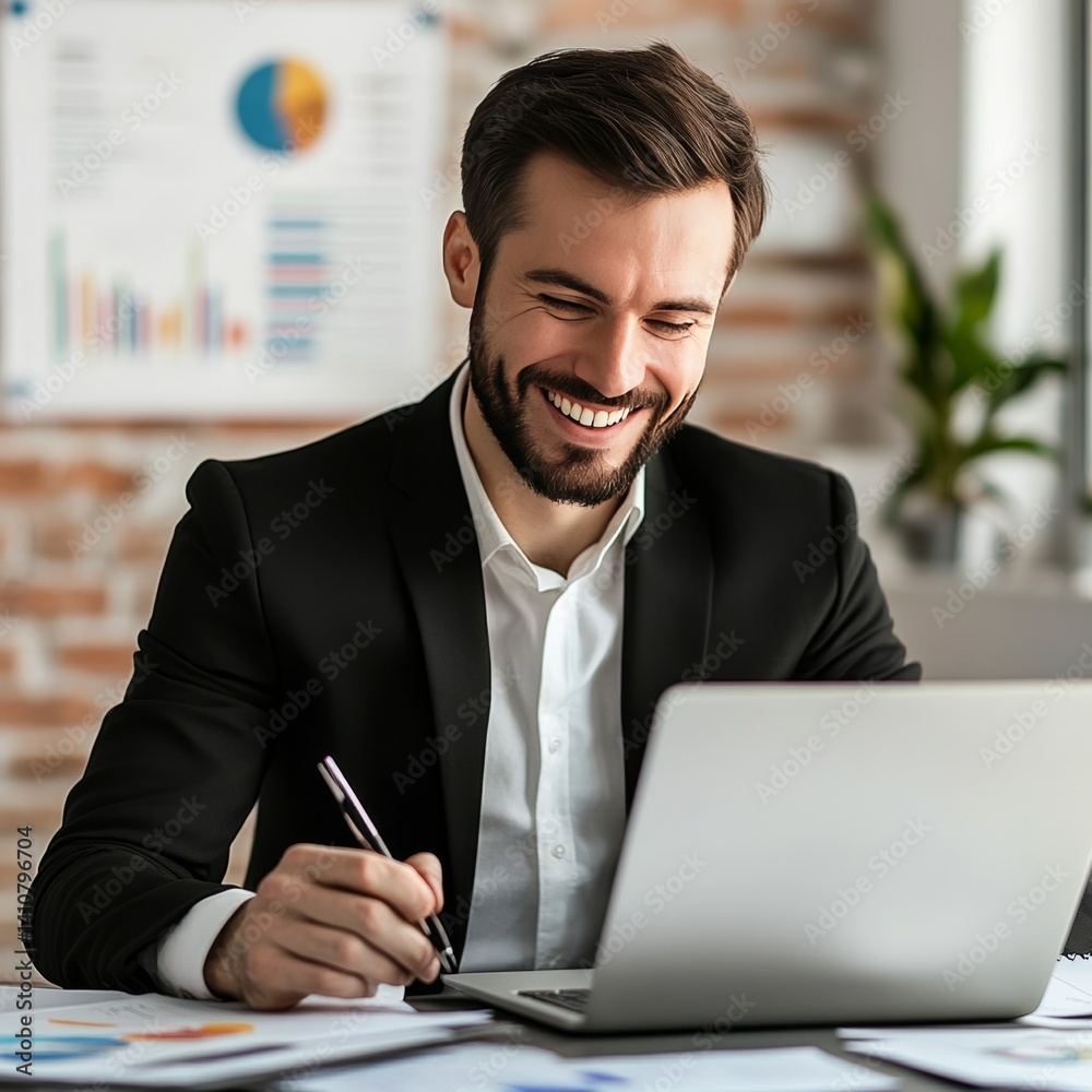Businessman at office with laptop smiling.