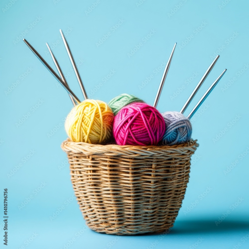 Yarn, needles, threads, and basket on blue. Knitting concept.