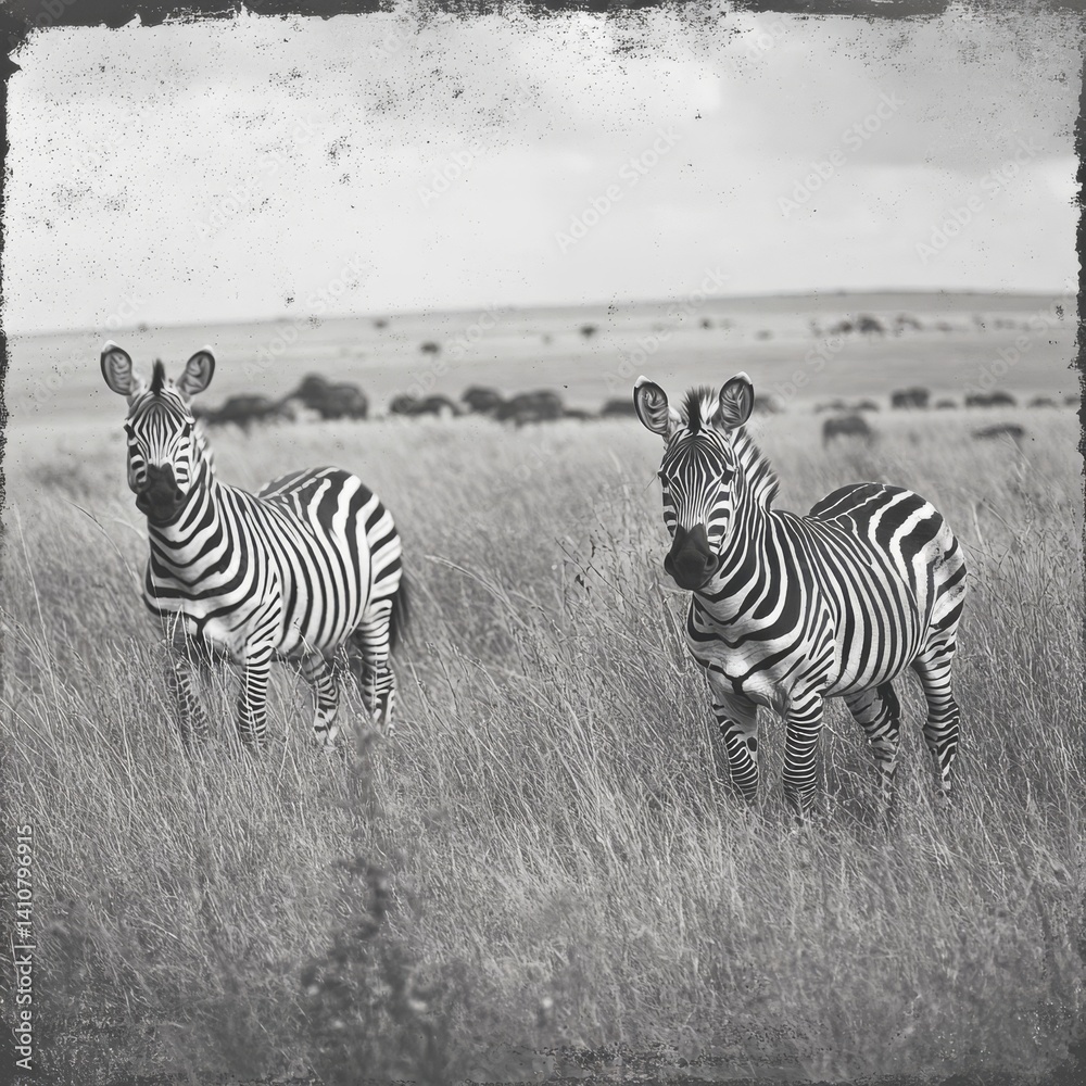 Fototapeta premium Zebras in Tanzania, vintage photo.