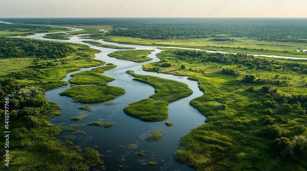 Aerial view of serene river winding through lush green landscape eco sky blue calm water birds trees Aerial view of serene river winding through lush green landscape eco sky blue calm water birds trees