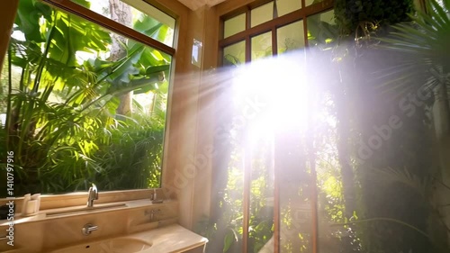 Tropical bathroom oasis with natural light streaming through a window, creating a serene escape amid lush greenery.