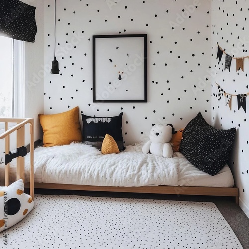 Monochrome kids room: dotted wallpaper, geometric rug, simple poster.