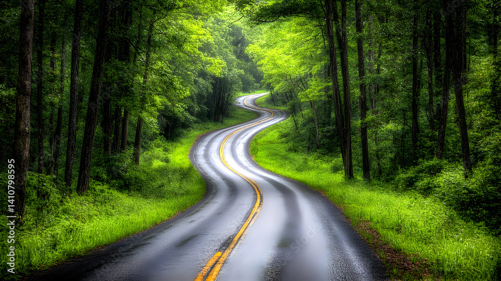 Fototapeta premium Winding Road Through Lush Green Forest After Rain