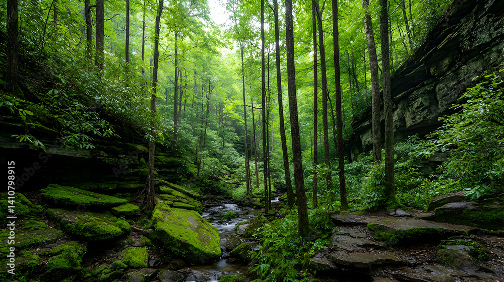 Fototapeta premium Tranquil Forest Stream Scene With Lush Green Trees